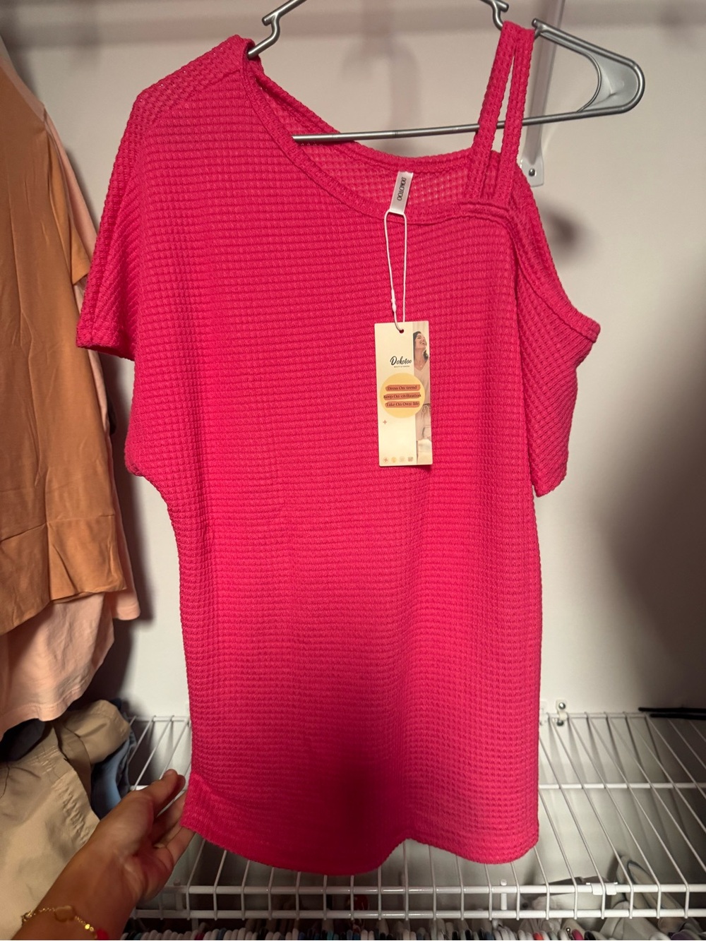 Cold Shoulder Waffle Knit Top in Hot Pink